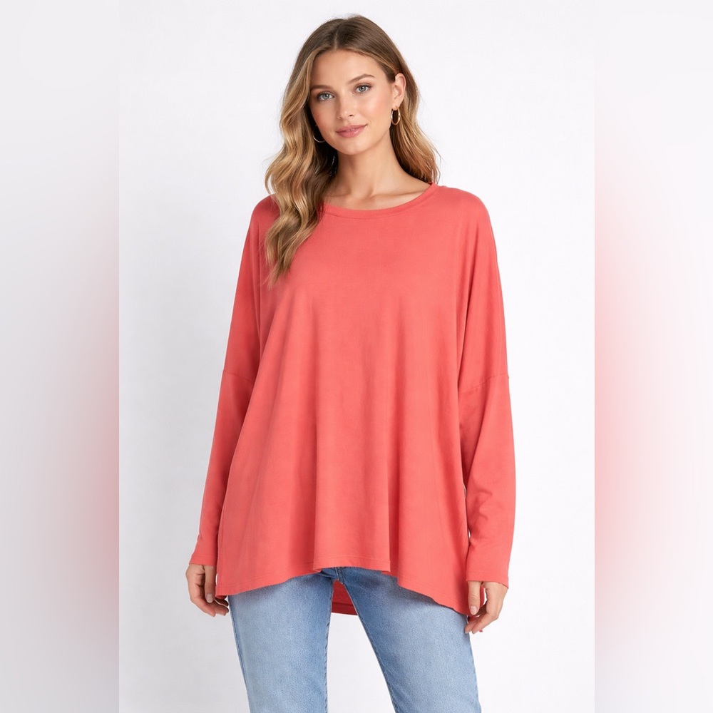 PLANET by Lauren G Coral Pima Cotton Oversized Swing Tee – One Size Lagenlook
